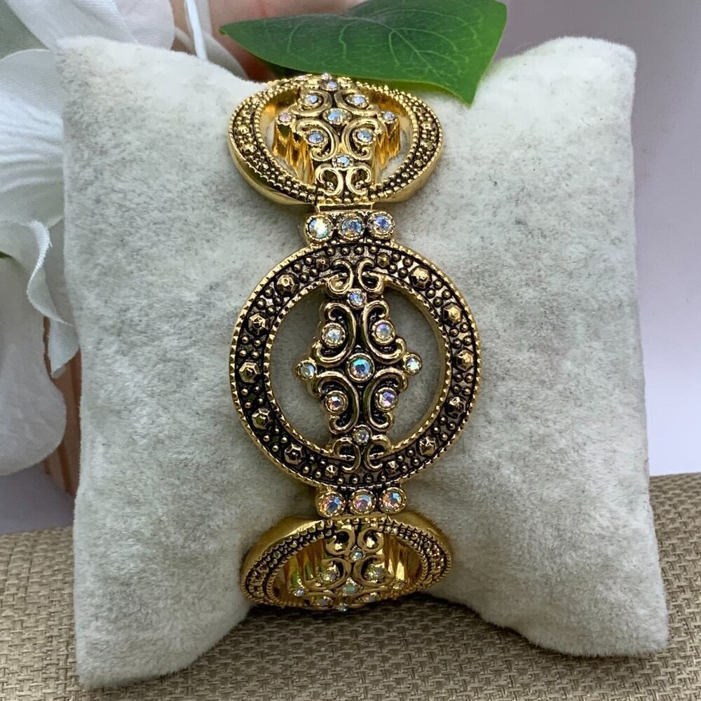 Antique Damascene Style Rhinestone Filigree Gold Tone Cuff Bracelet